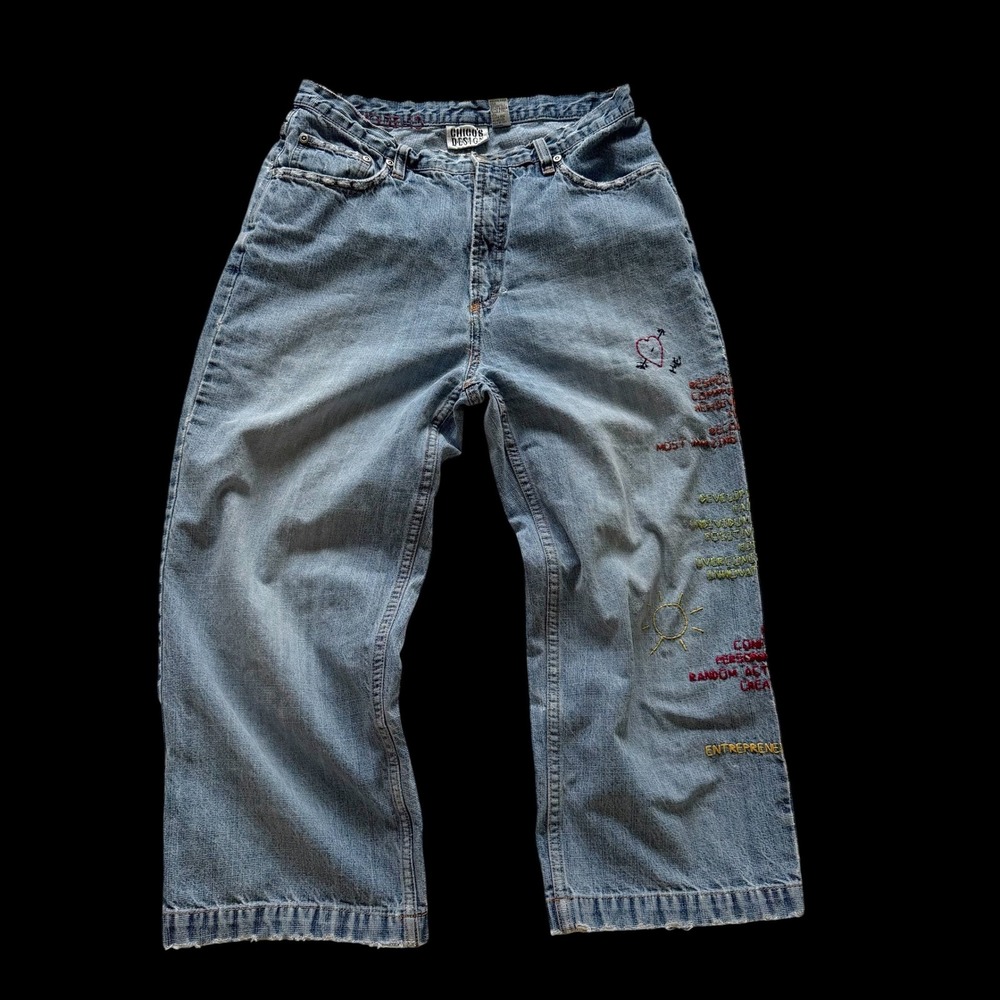 Y2K Chicos Embroidered Indie Sleeze Boho Light Wash Denim Capri Jeans Blue Sz 1